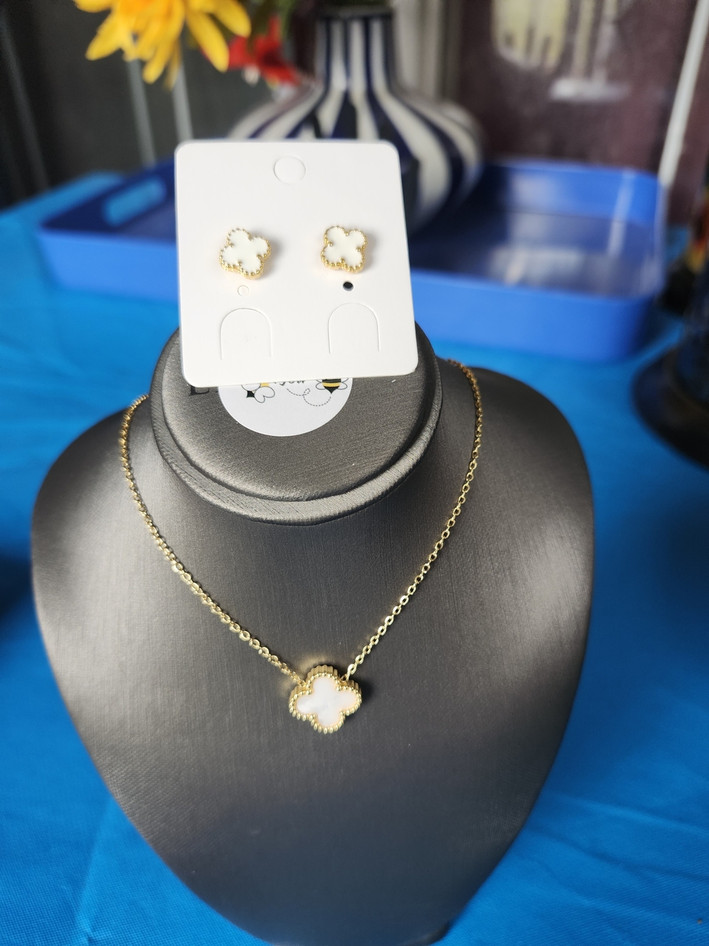 Gold-Tone White Clover Necklace & Stud Earring Set